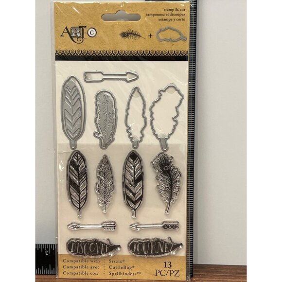 Artc Stamp & DIE Cut Set - Feathers & Arrows 13 Pc JOURNEY DISCOVERY 25884R7 - Picture 3 of 3